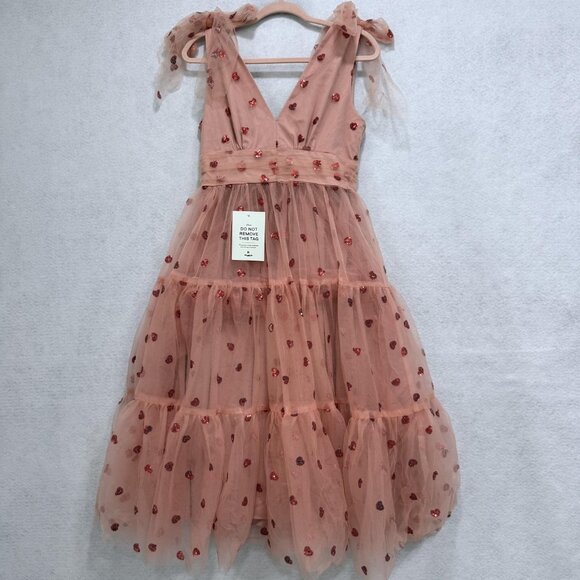 JessaKae Sweetheart Dress Womens Medium Pink Tulle Sequin Heart Bow Tie Maxi - Picture 1 of 12